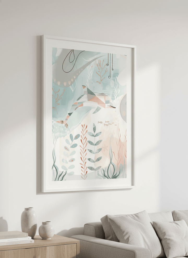Modern wall art styled above a sofa in a neutral living room