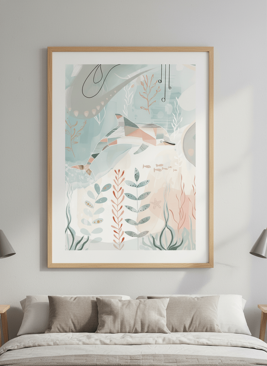 Minimalist artwork displayed in a calm, light-filled bedroom interior