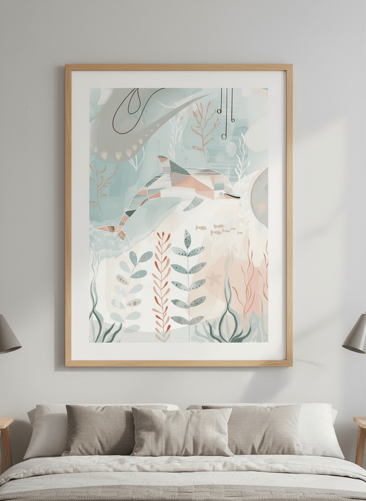 Minimalist artwork displayed in a calm, light-filled bedroom interior