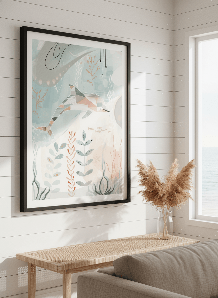 Neutral wall art displayed in a sunny coastal beach house