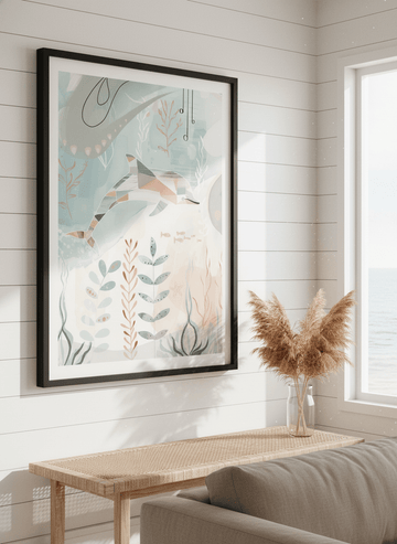 Neutral wall art displayed in a sunny coastal beach house