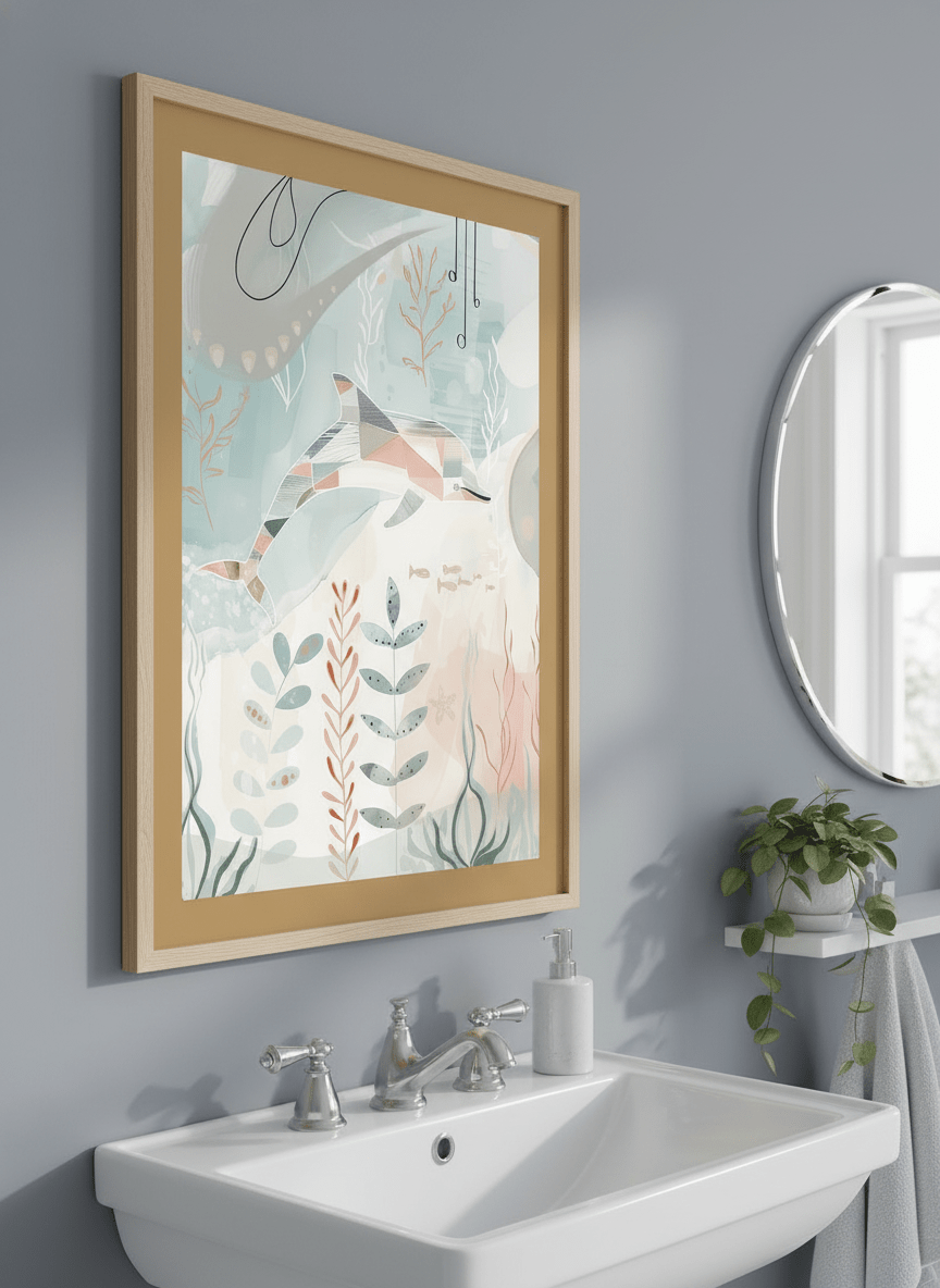 Modern print displayed in a clean minimalist bathroom setting