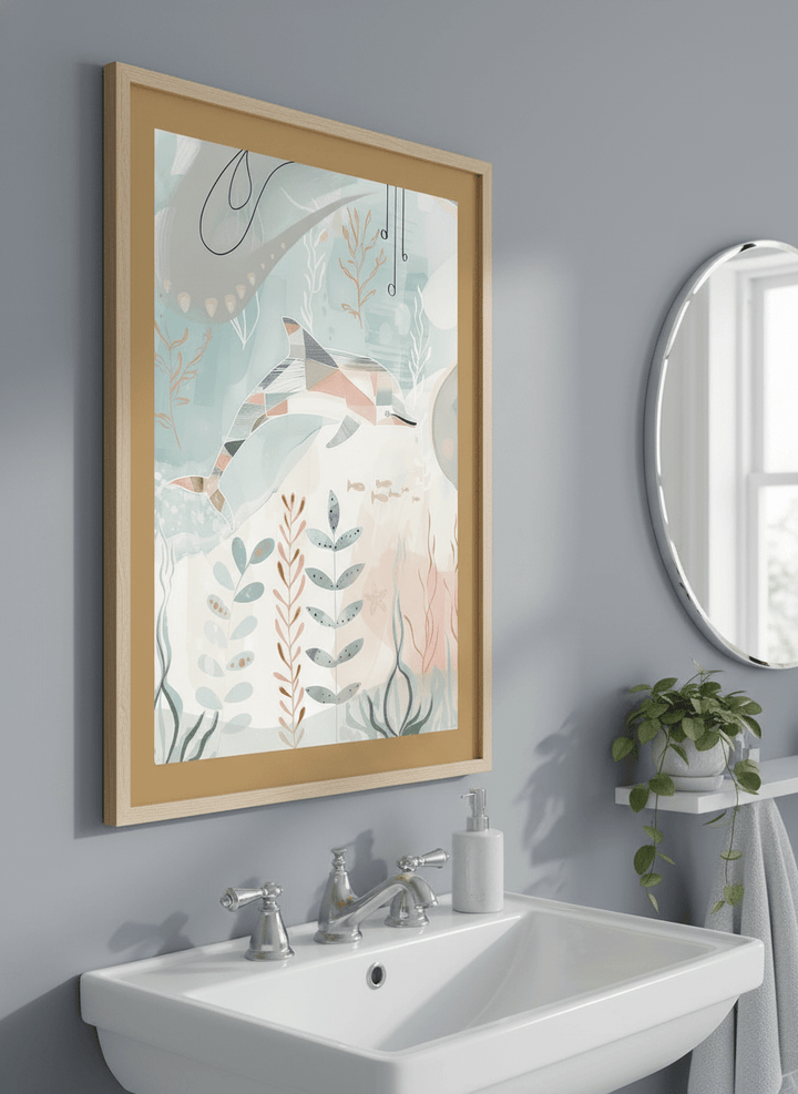 Modern print displayed in a clean minimalist bathroom setting