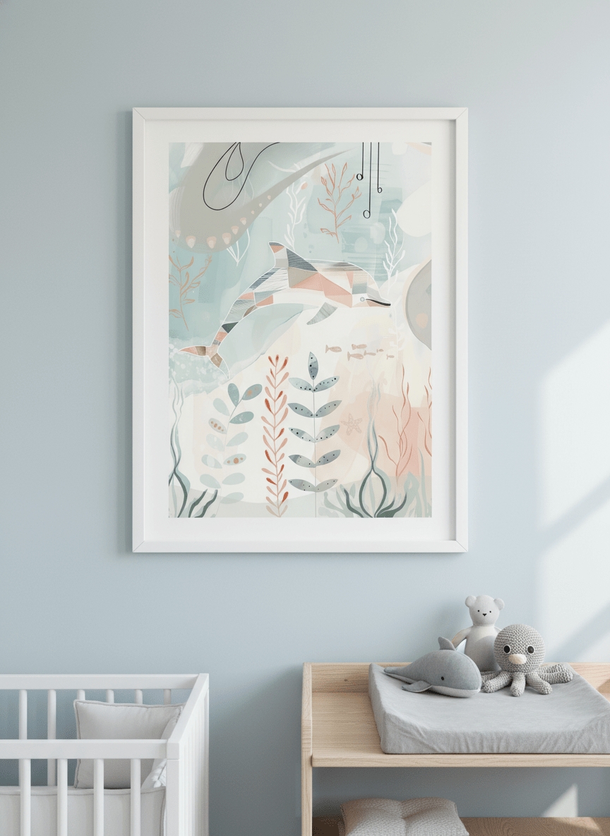 Soft neutral wall art styled in a serene nursery with pastel tones