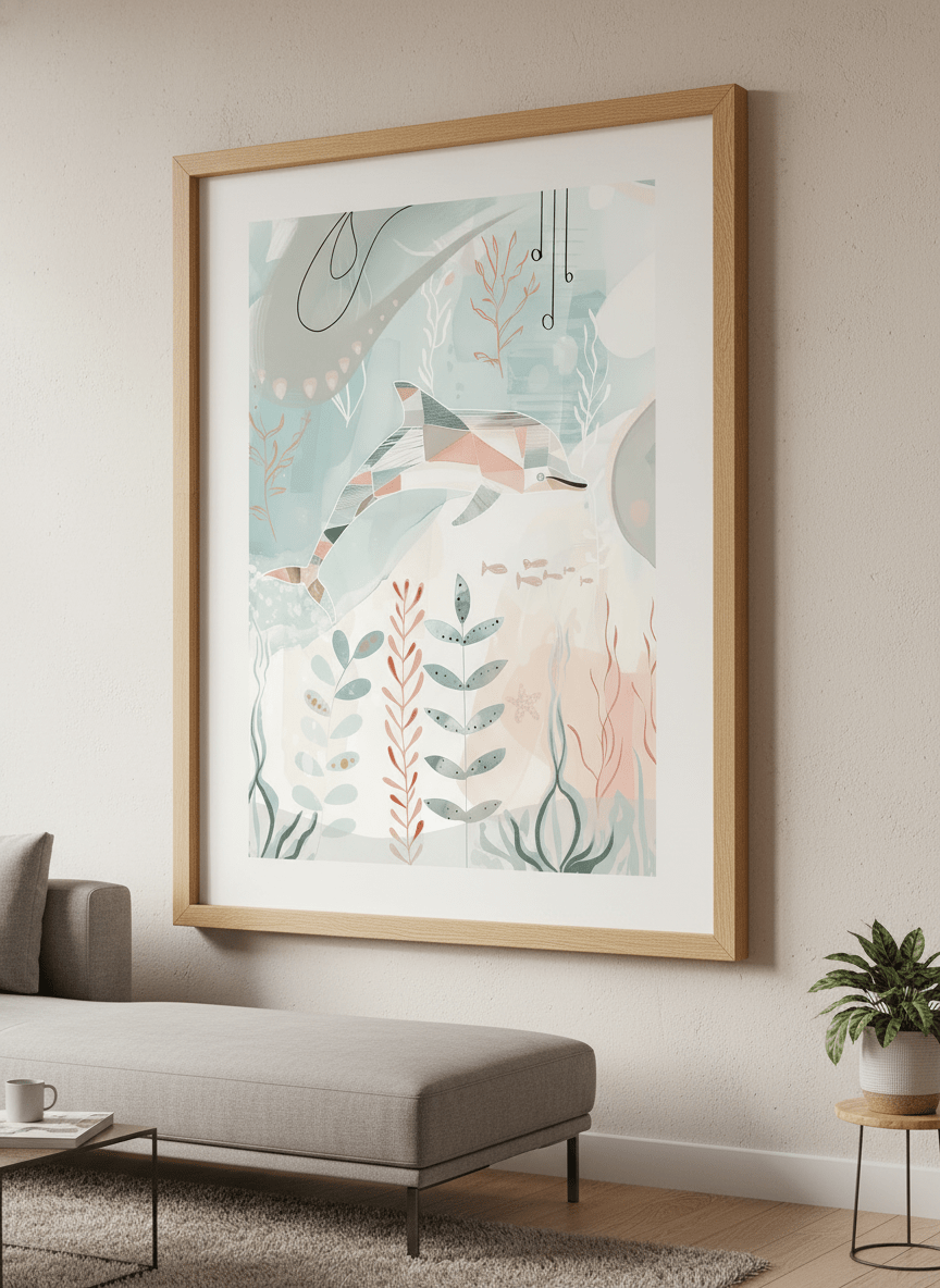 Modern wall art styled above a sofa in a neutral living room