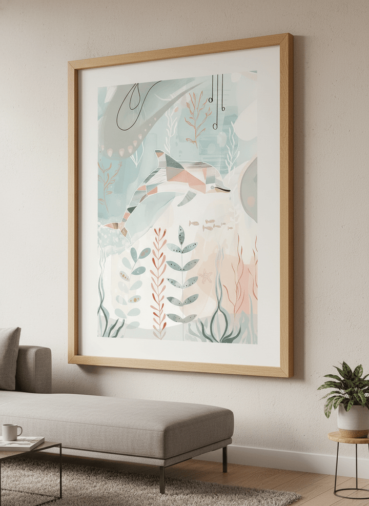 Modern wall art styled above a sofa in a neutral living room