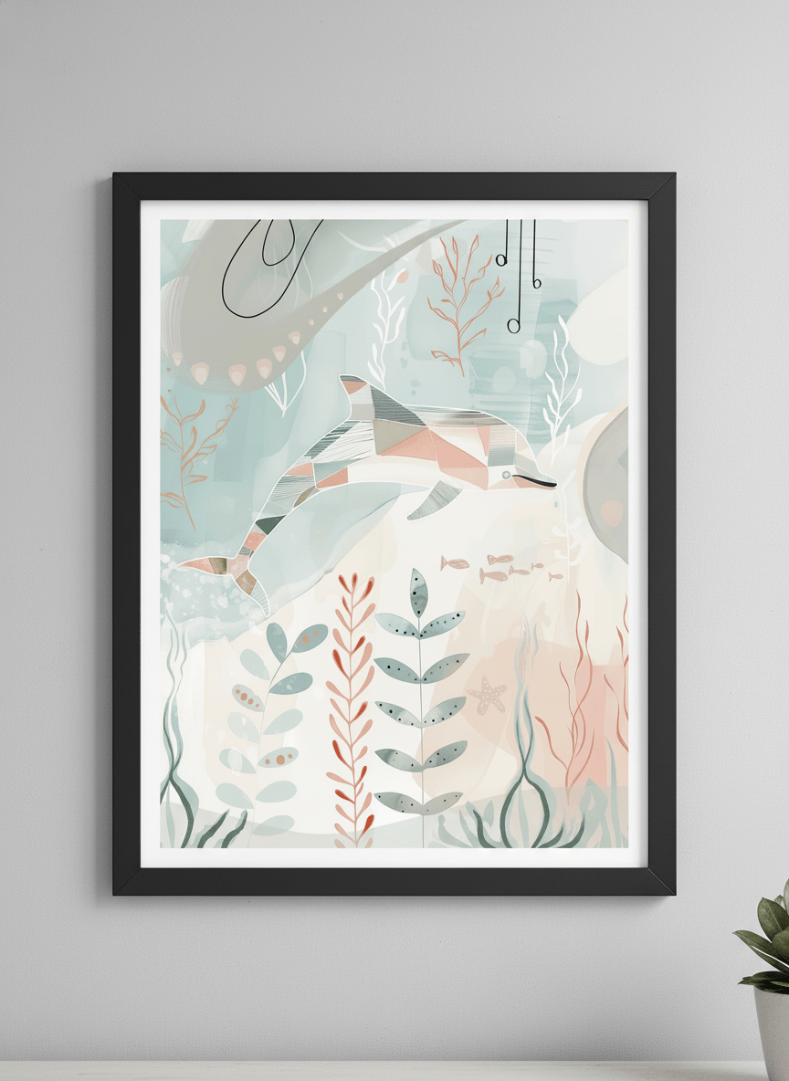 Minimalist artwork displayed in a calm, light-filled bedroom interior