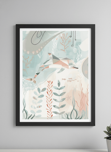 Minimalist artwork displayed in a calm, light-filled bedroom interior