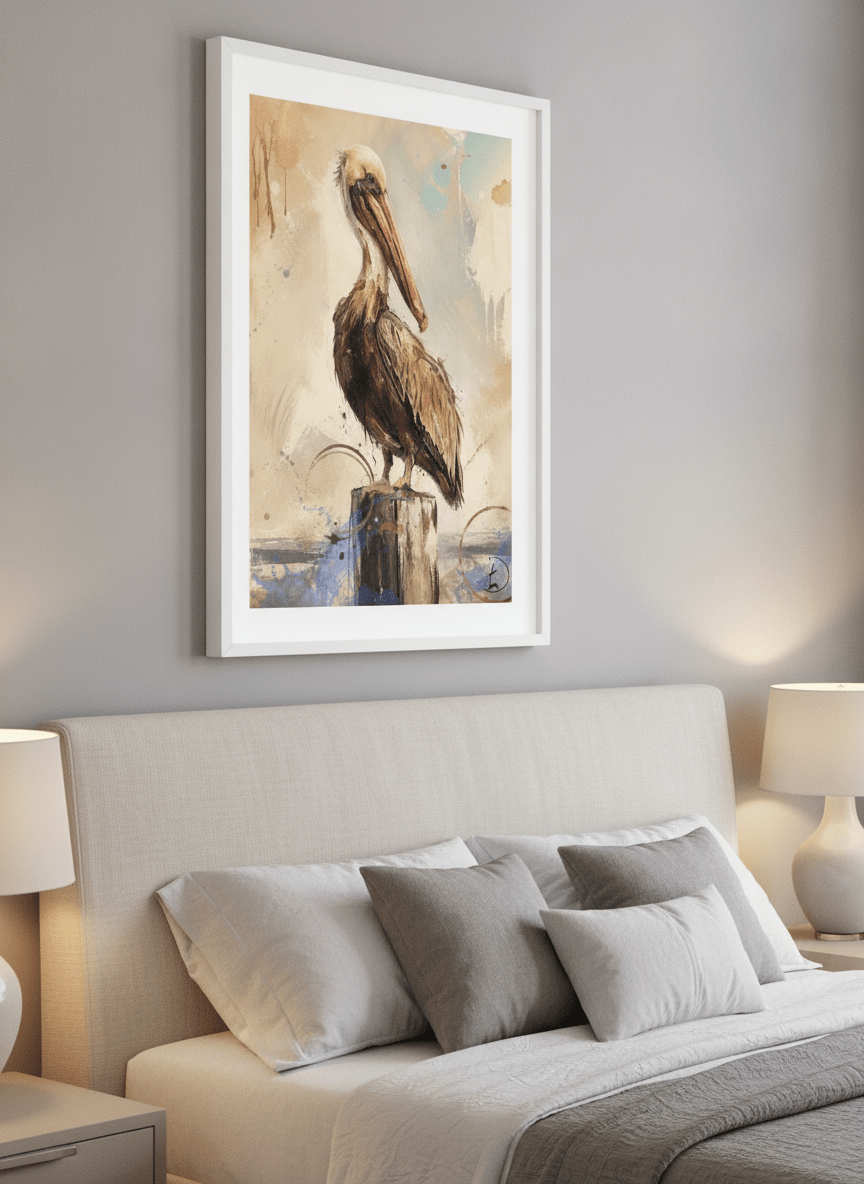 Minimalist artwork displayed in a calm, light-filled bedroom interior