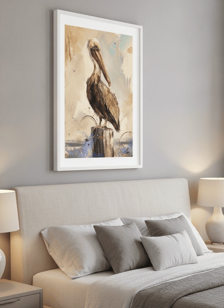 Minimalist artwork displayed in a calm, light-filled bedroom interior