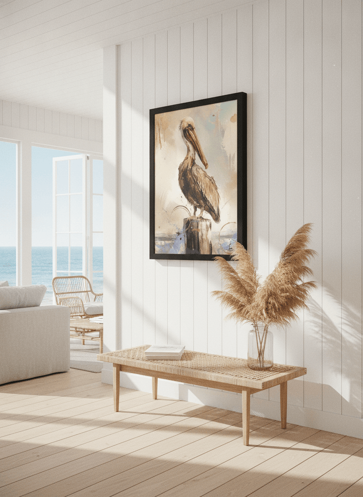 Neutral wall art displayed in a sunny coastal beach house