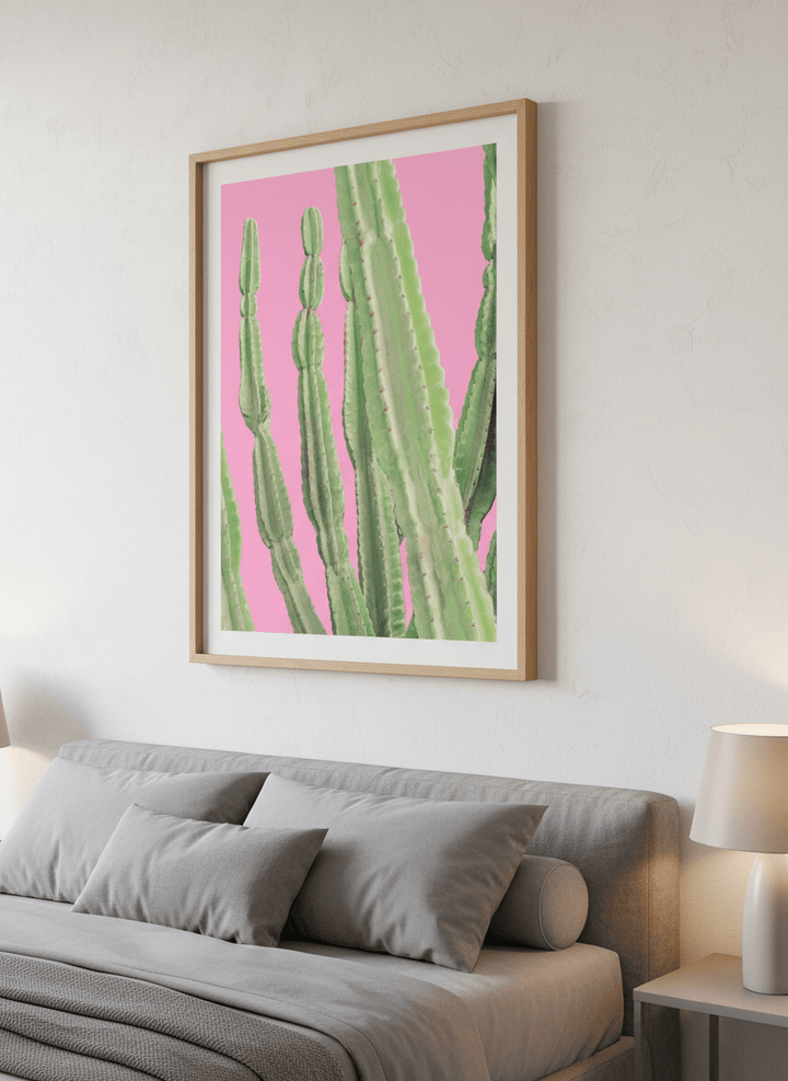 Minimalist artwork displayed in a calm, light-filled bedroom interior