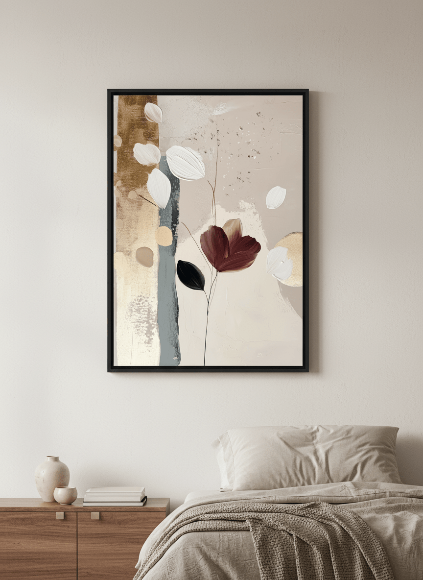 Minimalist artwork displayed in a calm, light-filled bedroom interior