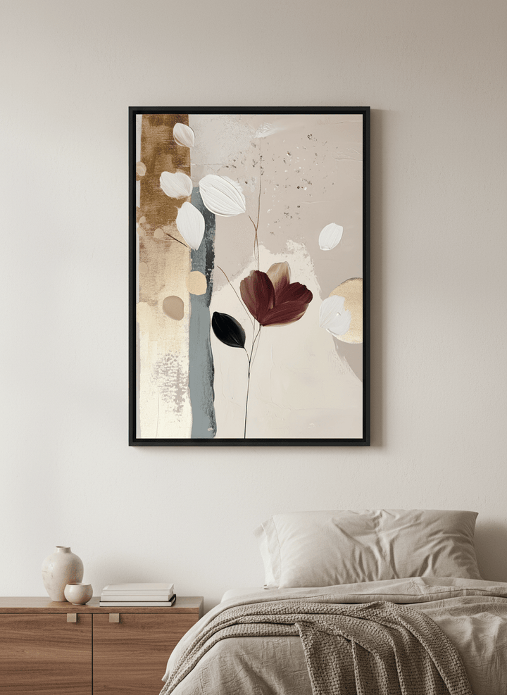 Minimalist artwork displayed in a calm, light-filled bedroom interior