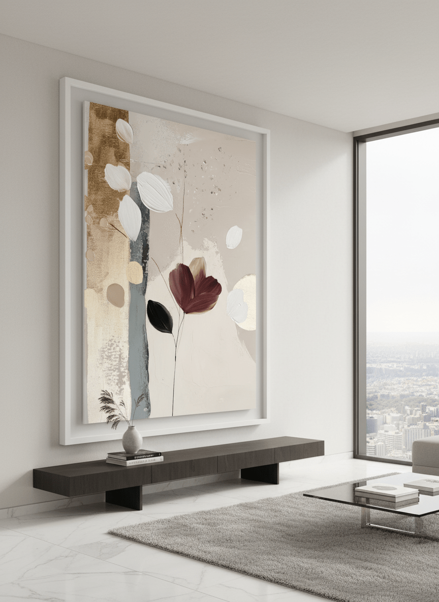 Monumental artwork centred on a feature wall in a luxe interior