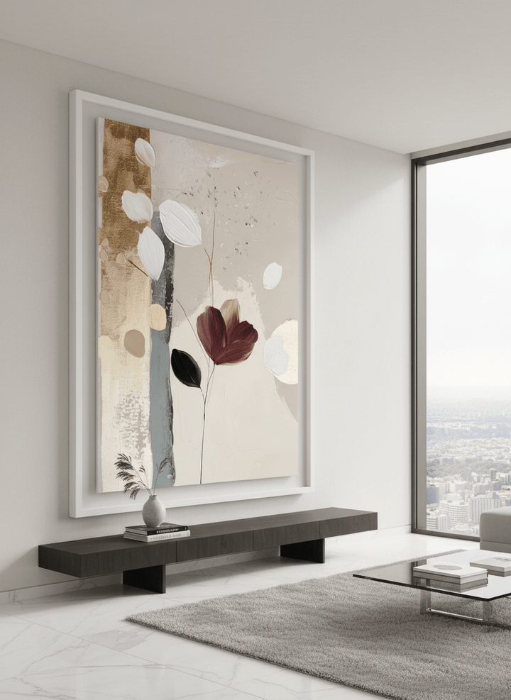 Monumental artwork centred on a feature wall in a luxe interior