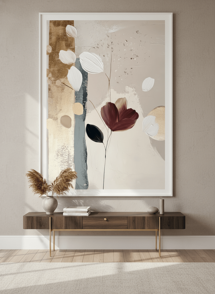 Monumental artwork centred on a feature wall in a luxe interior