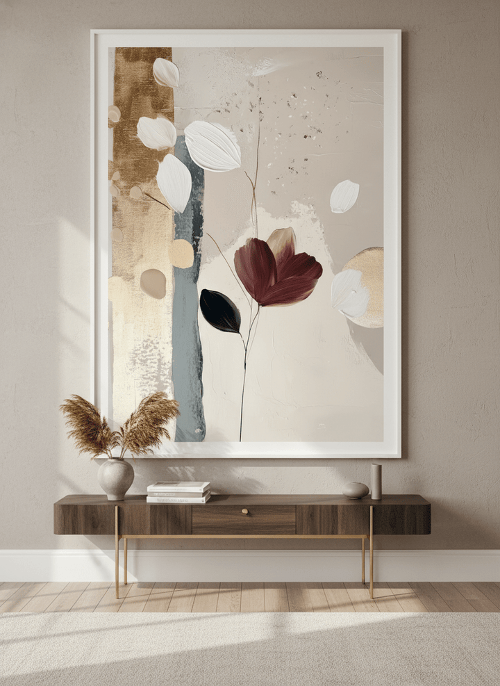 Monumental artwork centred on a feature wall in a luxe interior