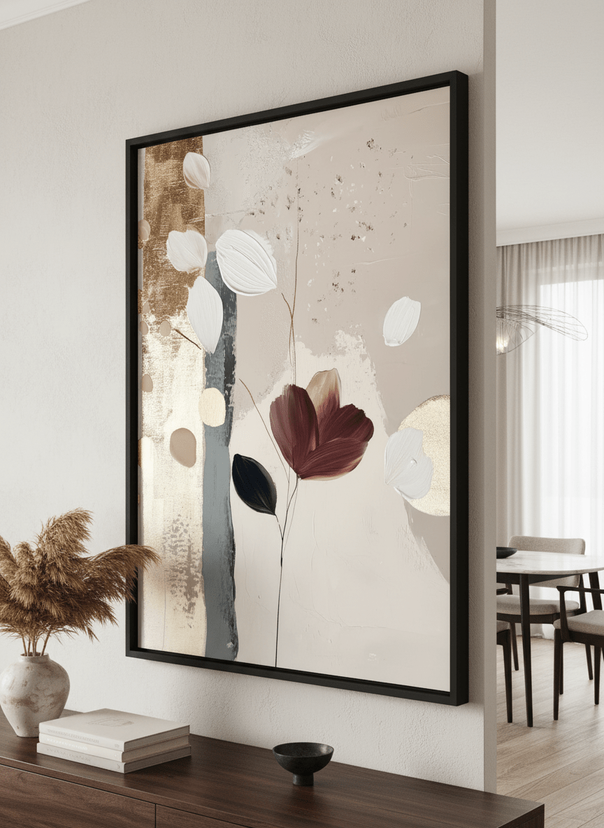 Wall art styled above a dining table in a contemporary home
