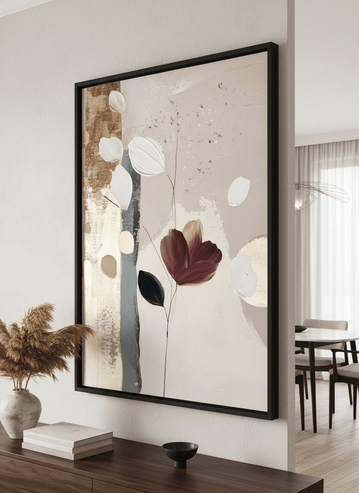 Wall art styled above a dining table in a contemporary home