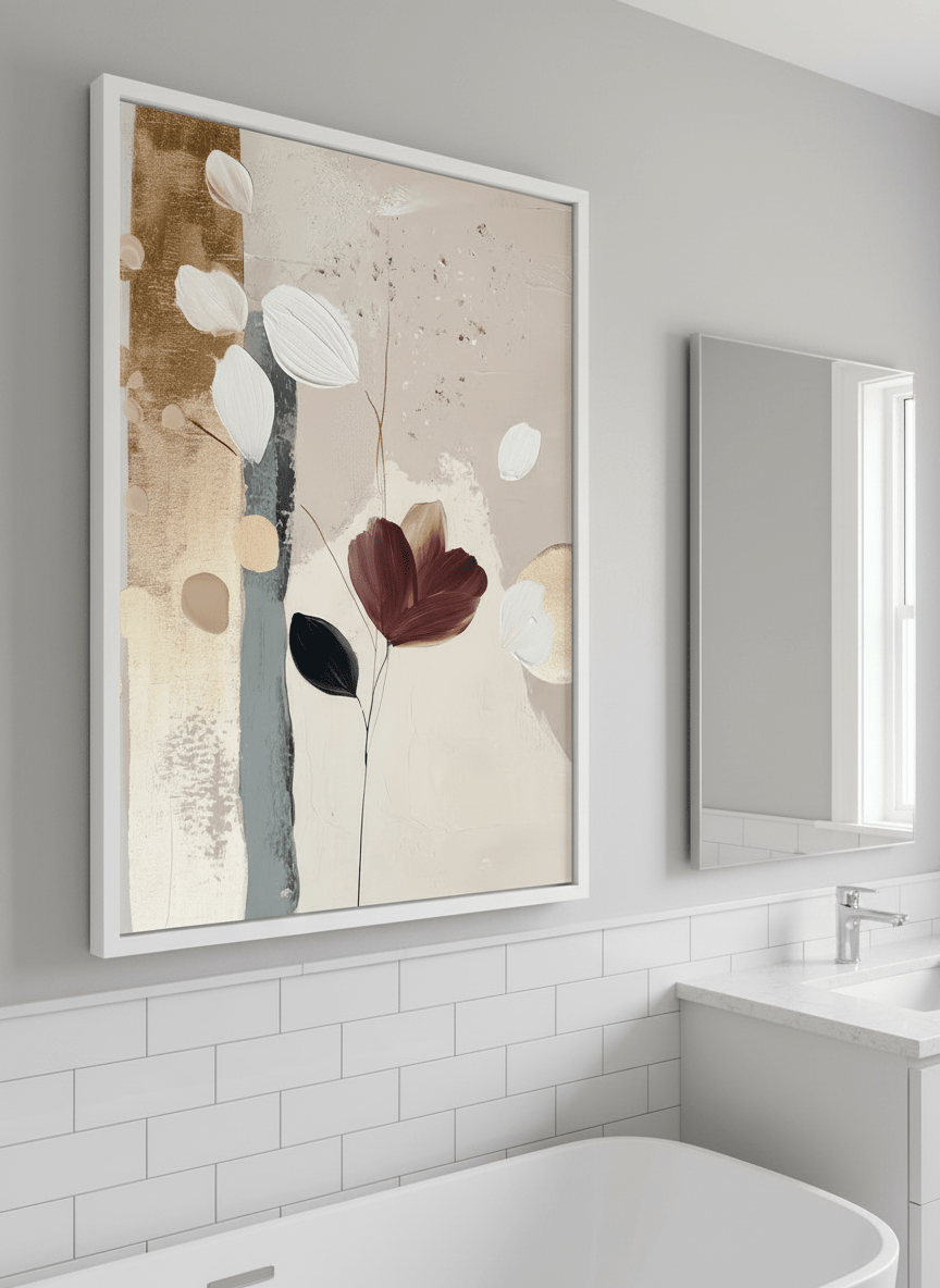 Modern print displayed in a clean minimalist bathroom setting