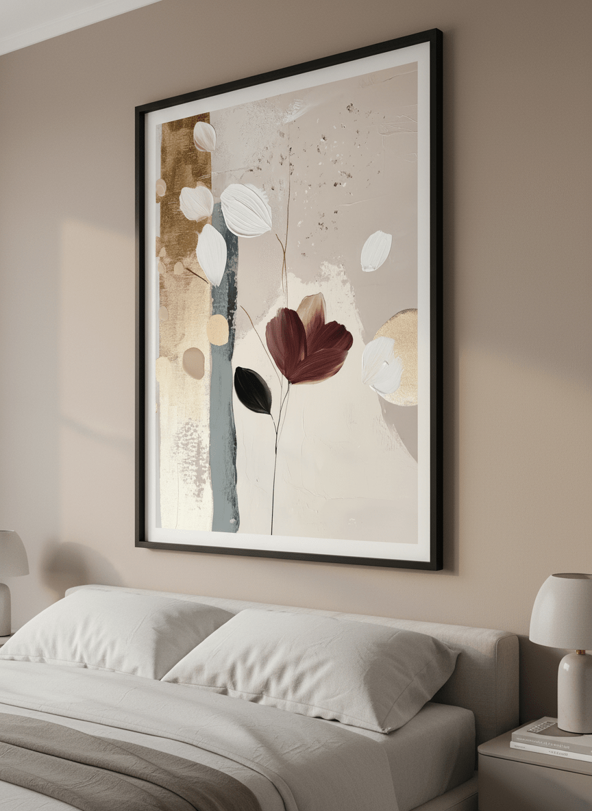 Minimalist artwork displayed in a calm, light-filled bedroom interior