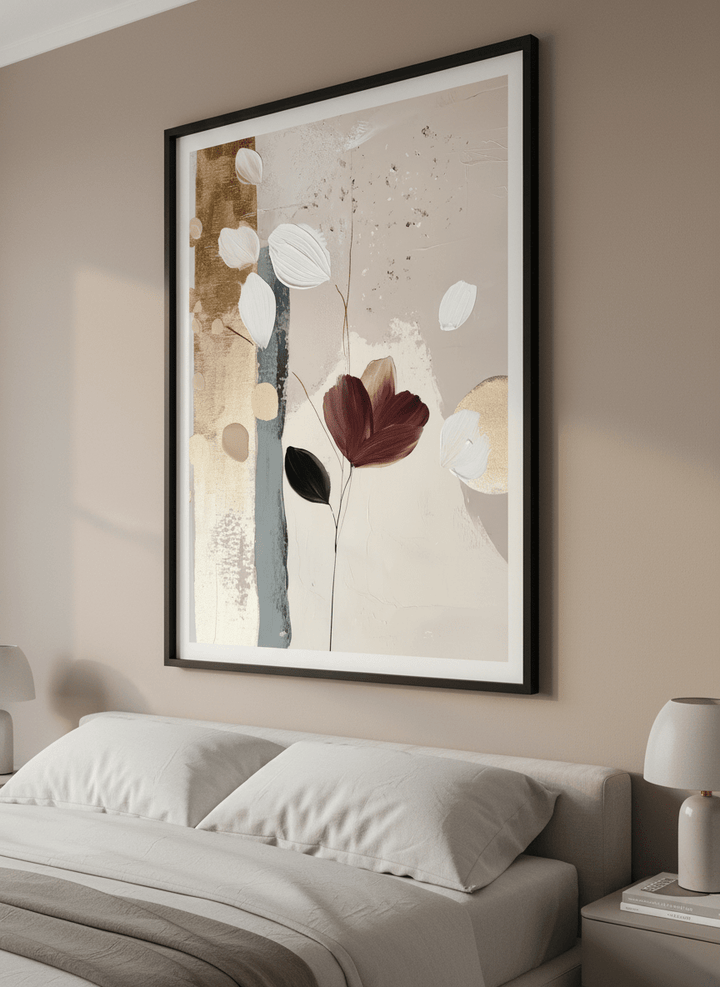 Minimalist artwork displayed in a calm, light-filled bedroom interior