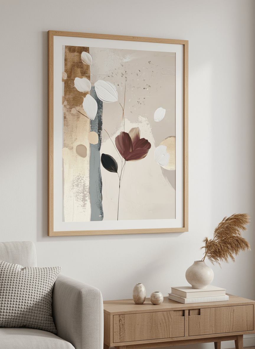 Modern wall art styled above a sofa in a neutral living room