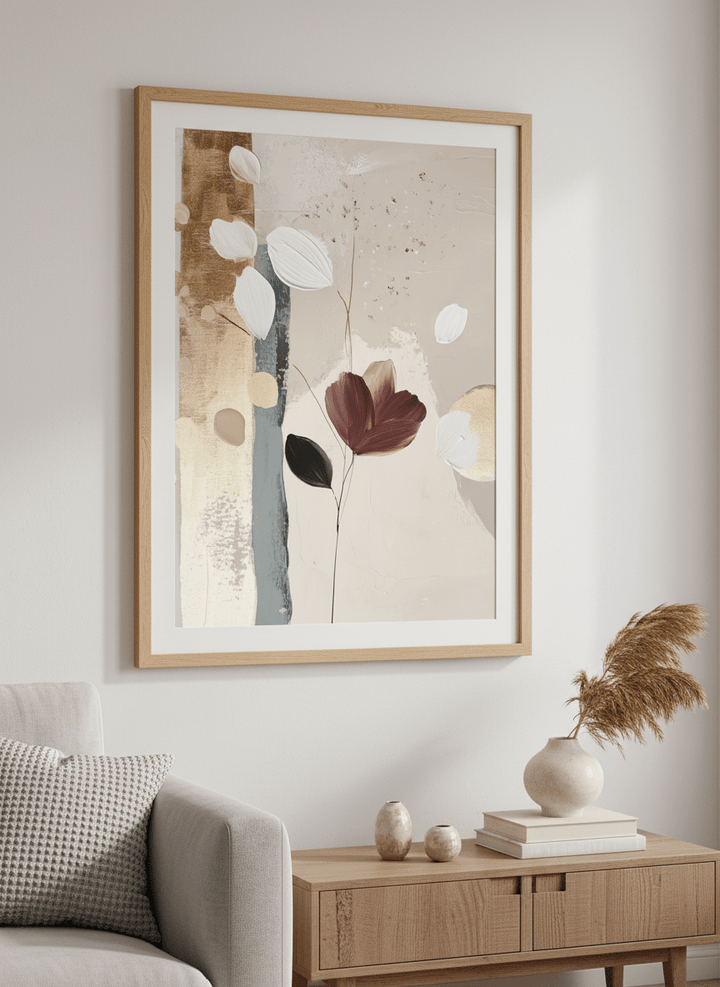 Modern wall art styled above a sofa in a neutral living room