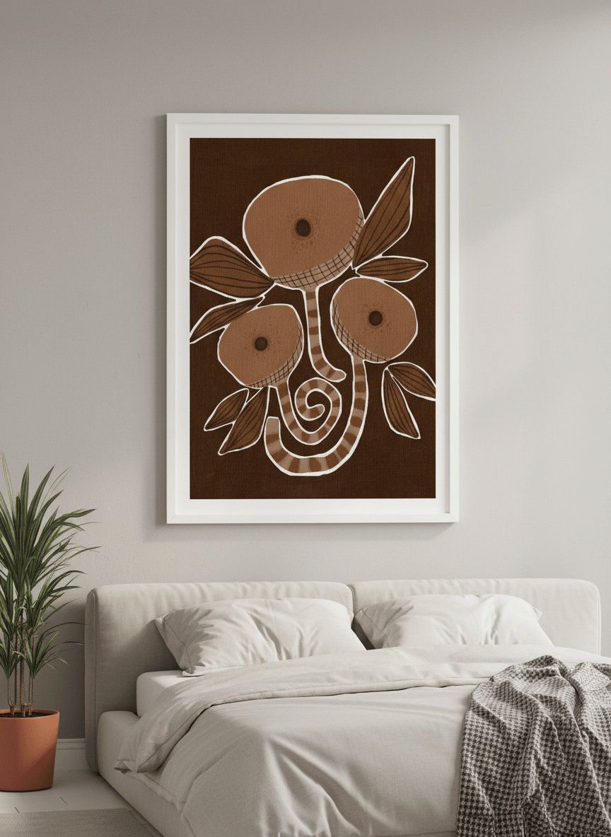 Minimalist artwork displayed in a calm, light-filled bedroom interior