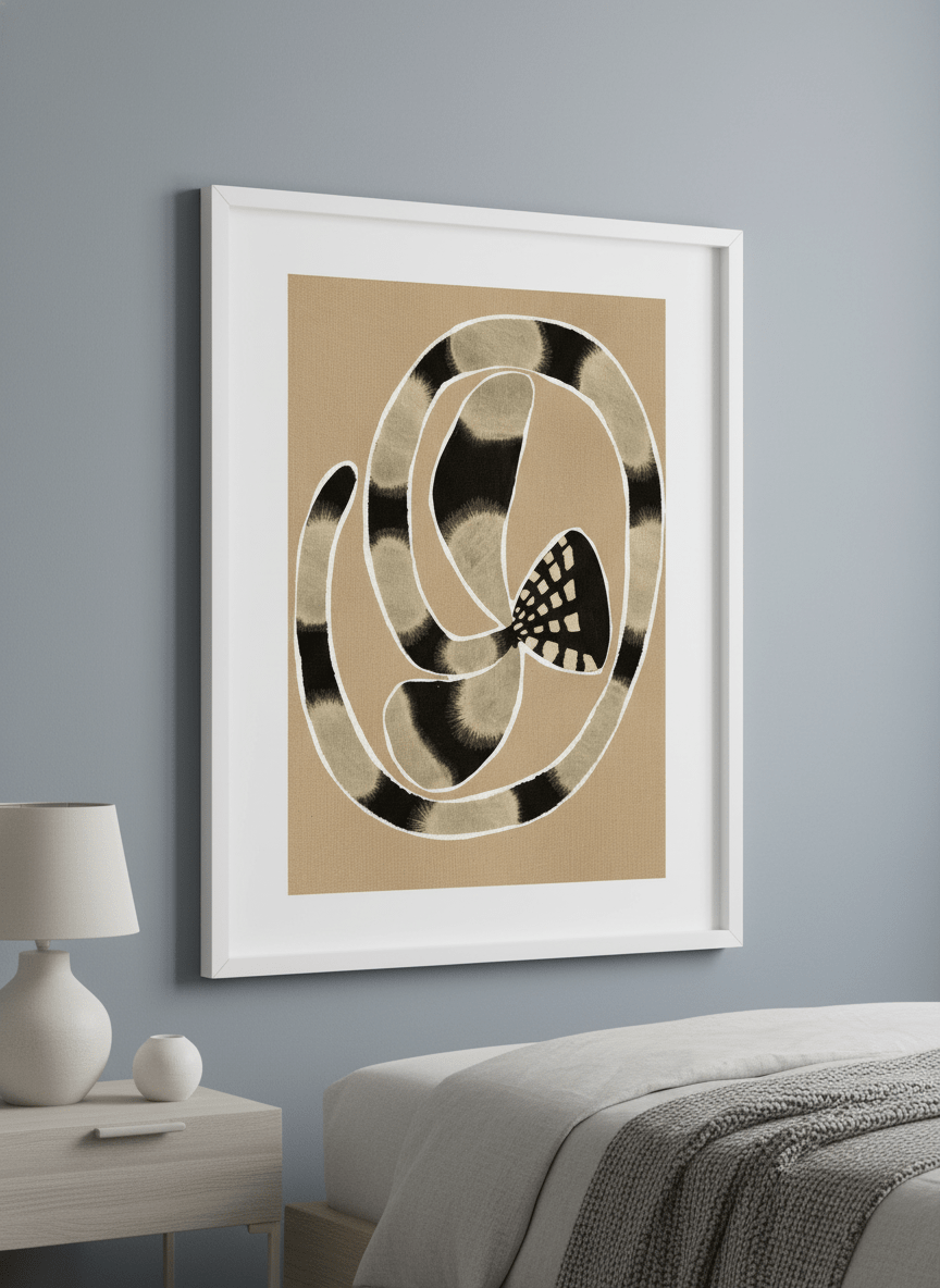 Minimalist artwork displayed in a calm, light-filled bedroom interior