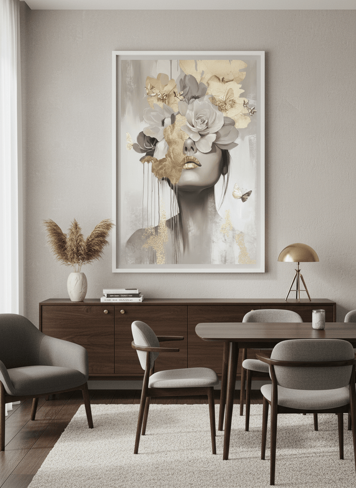 Monumental artwork centred on a feature wall in a luxe interior