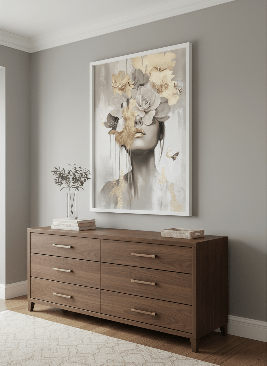 Monumental artwork centred on a feature wall in a luxe interior