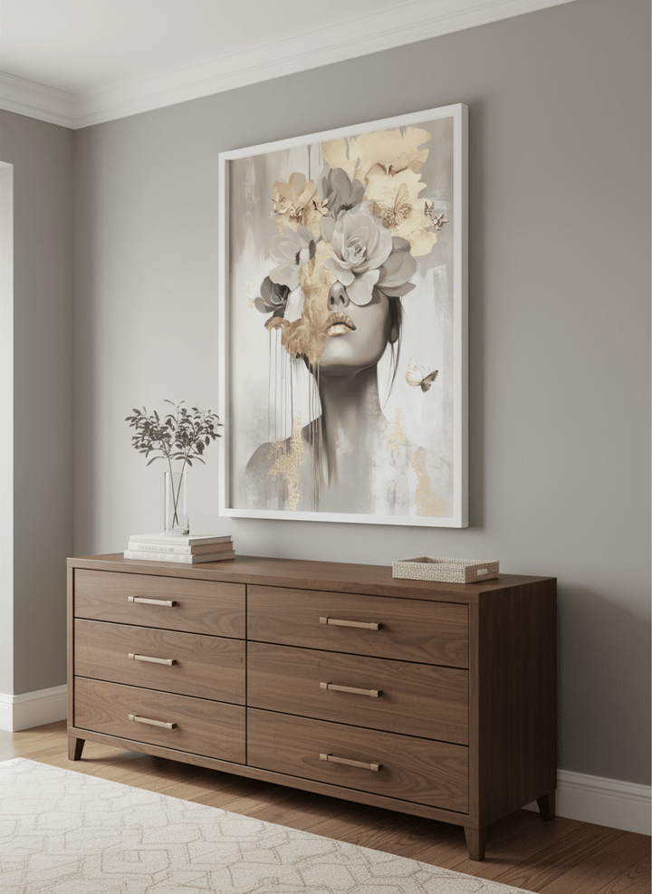 Monumental artwork centred on a feature wall in a luxe interior