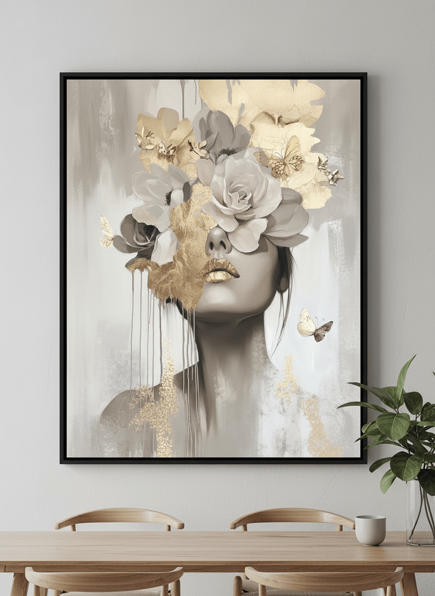 Wall art styled above a dining table in a contemporary home
