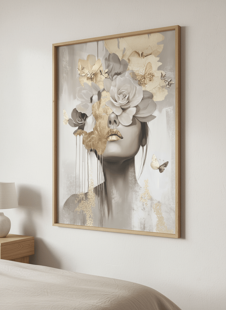 Minimalist artwork displayed in a calm, light-filled bedroom interior