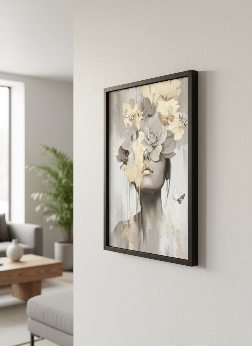 Modern wall art styled above a sofa in a neutral living room