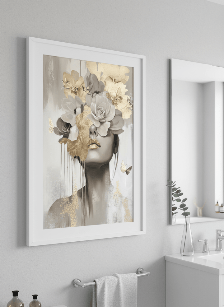 Modern print displayed in a clean minimalist bathroom setting