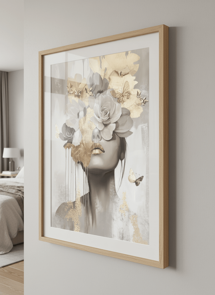 Minimalist artwork displayed in a calm, light-filled bedroom interior
