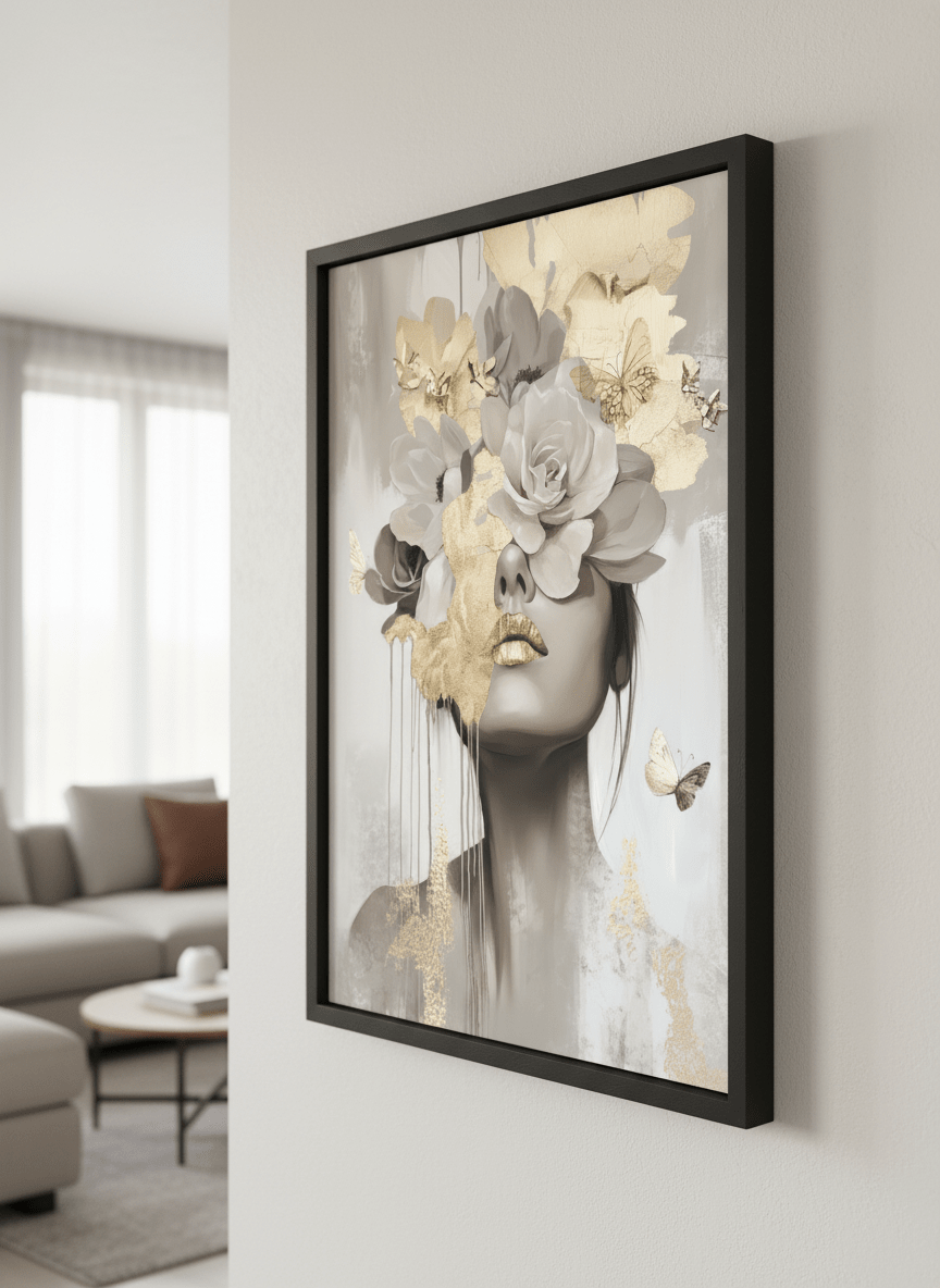 Modern wall art styled above a sofa in a neutral living room