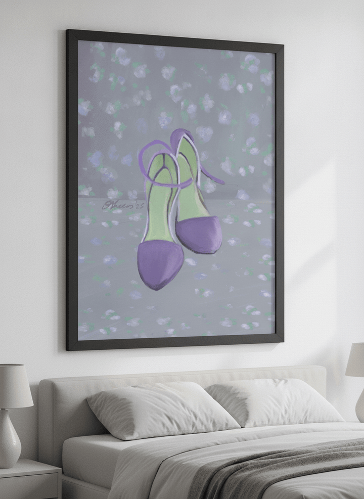 Minimalist artwork displayed in a calm, light-filled bedroom interior