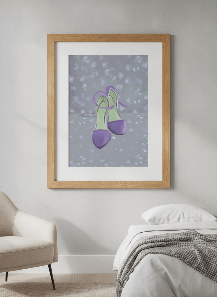 Minimalist artwork displayed in a calm, light-filled bedroom interior