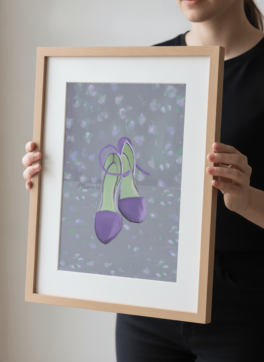 Person showcasing the artwork against a clean modern interior wall