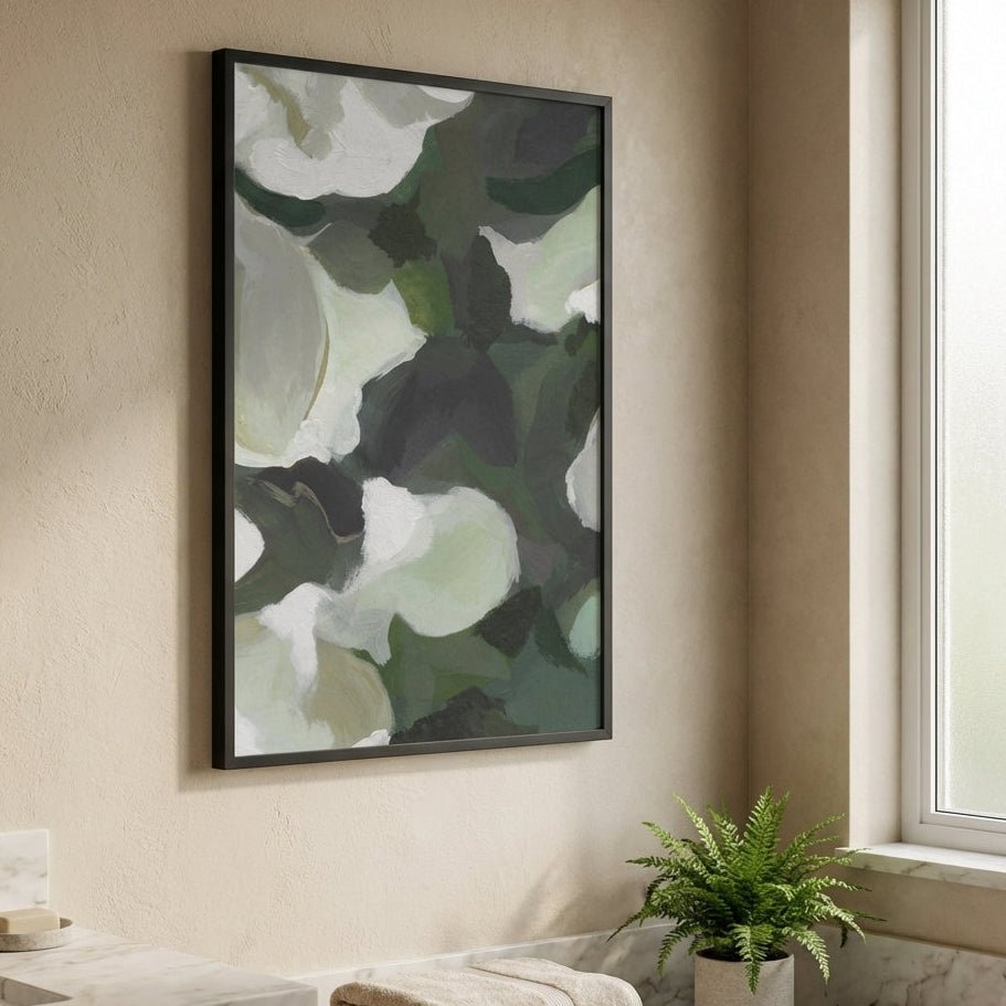 Abstract floral painting in a modern living room with a plant and window.