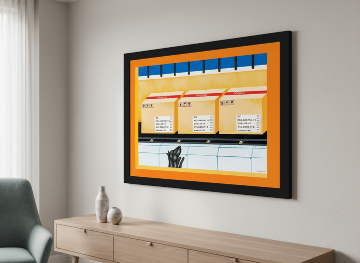 Modern wall art styled above a sofa in a neutral living room