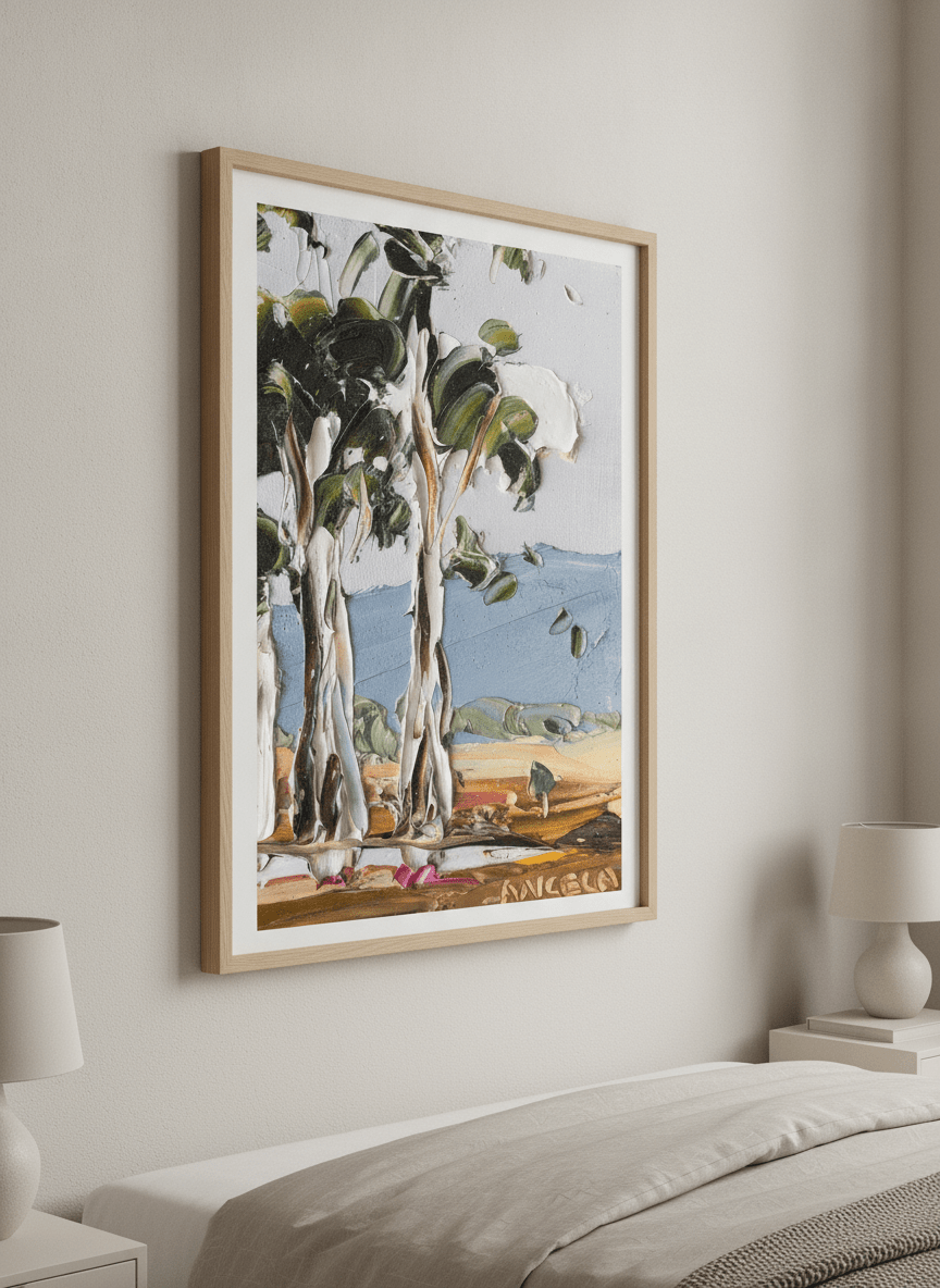 Minimalist artwork displayed in a calm, light-filled bedroom interior