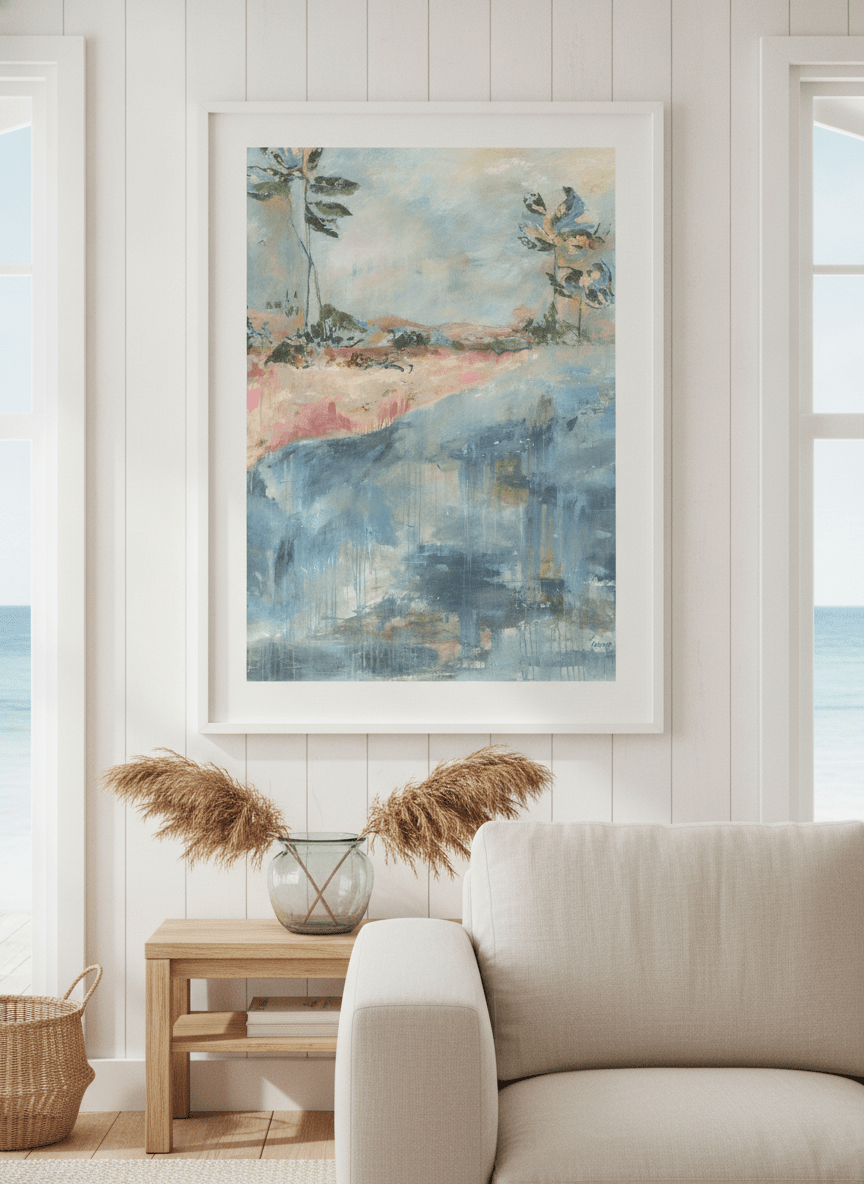 Neutral wall art displayed in a sunny coastal beach house