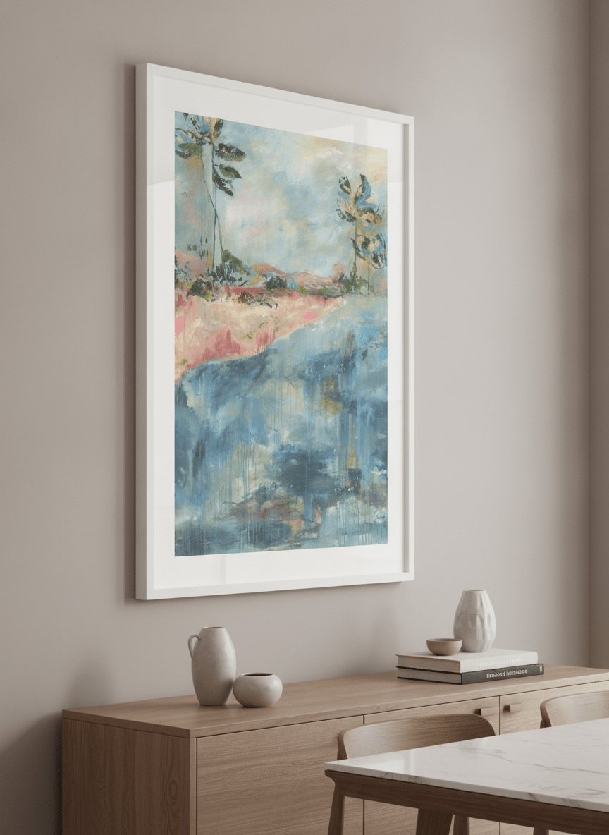 Wall art styled above a dining table in a contemporary home