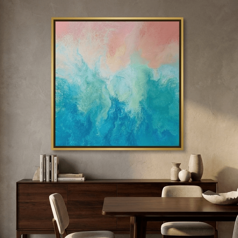 Canvas wall art with a gold leaf surround styled in a luxe interior