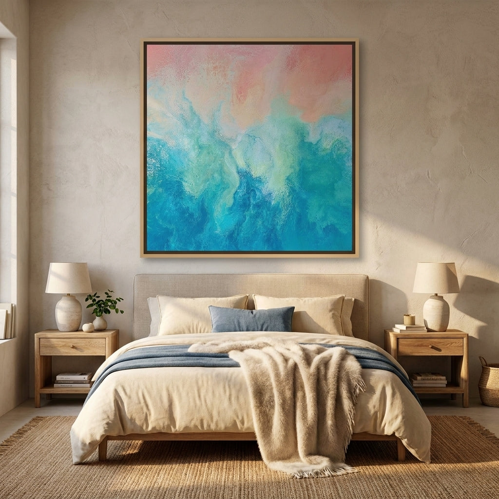 Canvas wall art with a natural timber surround styled in a calm, light-filled bedroom